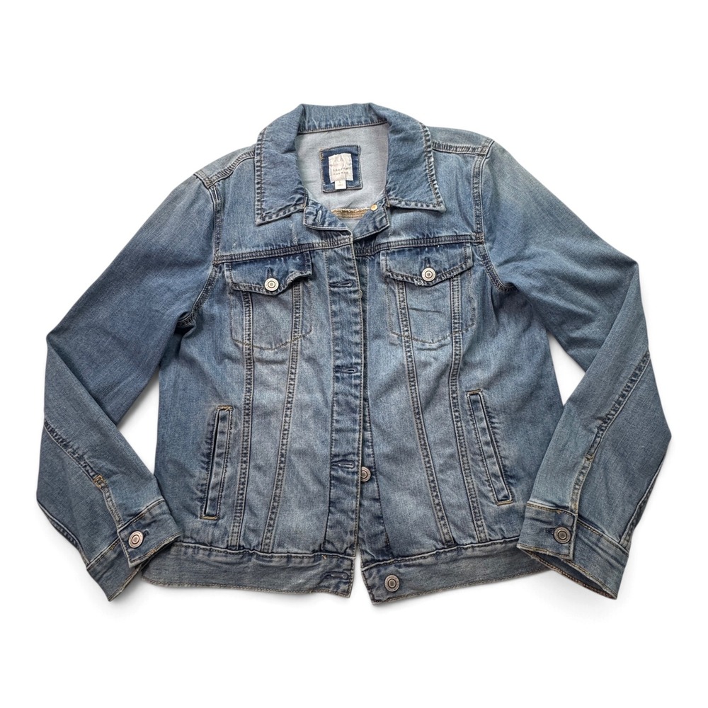 LC Lauren Conrad Denim Trucker Jacket Medium Wash Stretch Casual Womens L Blue